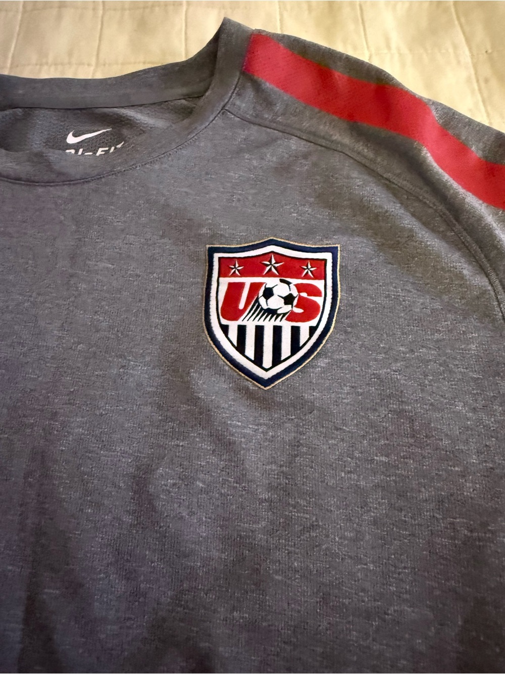 Nike Grey Soccer Jersey with Red Shoulder Stripe and US Crest